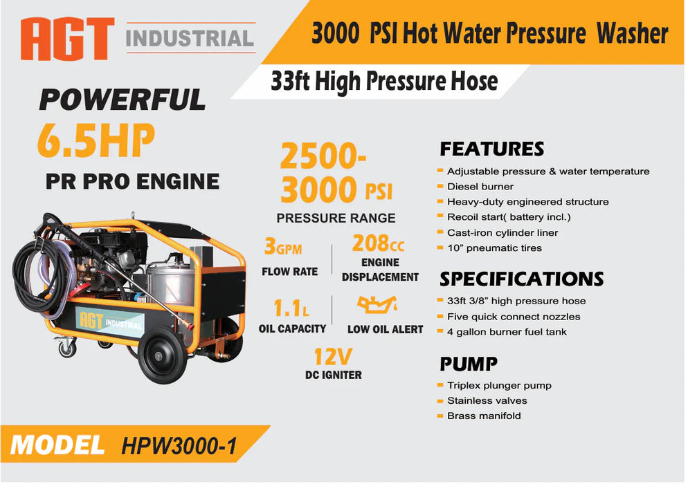HOT WATER HIGH PRESSURE WASHER MACHINE 3000 PSI | HPW3000-1