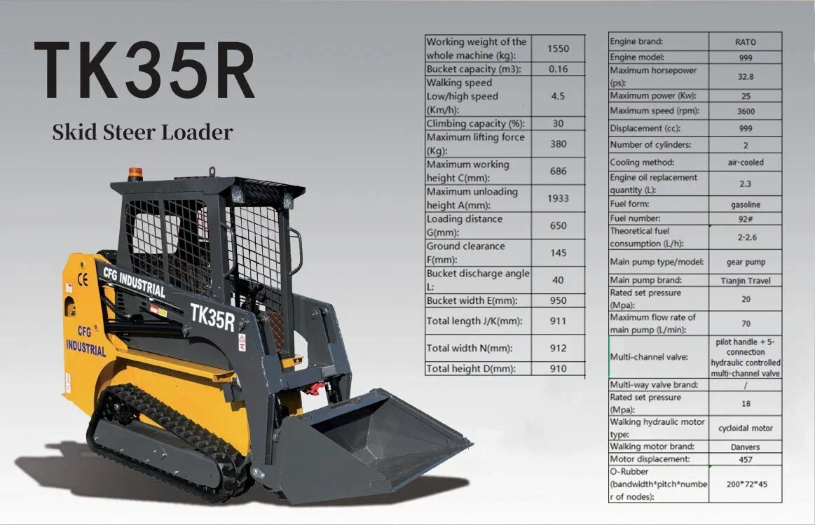 Agrotk 1.5ton Mini Skid Steer Track Loader 32.8HP Gasoline RATO 999 Engine | TK35R